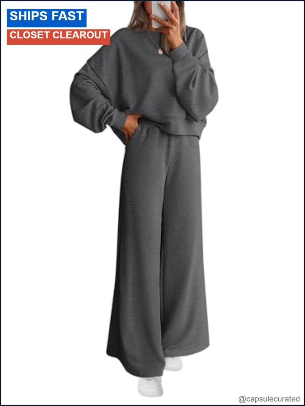 2 Piece Sweatsuit Lounge Set Oversized Crewneck Wide Leg Sweatpants